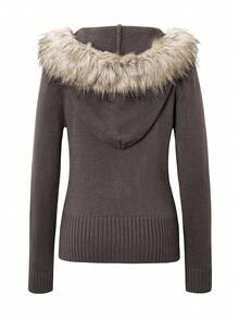 Y2K Casual Street Style Commuting Solid Color Zipper Hooded Patchwork Wool Collar Wool Cardigan Jacket, Suitable For Christmas & Autumn - Brown - View 4