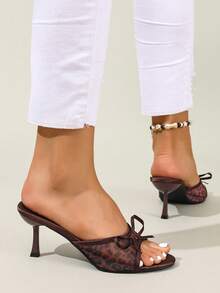 咖啡棕色豹纹露趾高跟凉鞋，透气网眼夏季新品，百搭简约细高跟女式凉鞋 - 咖啡棕 - 查看 5