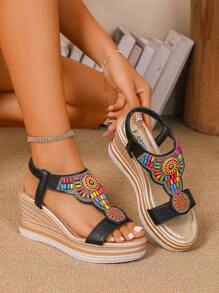 女士纯色波西米亚坡跟凉鞋，高跟厚底罗马弹性水钻露趾沙滩鞋