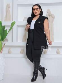 Women's Clothing Max Women's Long Plus Size Denim Vest With Frayed Hem Without Lycra - màu đen - Xem 4