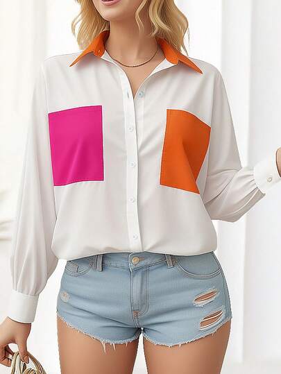 HOMEYEE Women's Fashion Color Block Casual Vacation Patchwork Pocket Front Button Commute OL Professional Business Shirt
