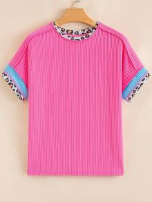 Acelitt Summer Solid Color Patchwork Leopard Print Collar Design Short Sleeve Round Neck T-Shirt Pink Casual - Pink - View 5