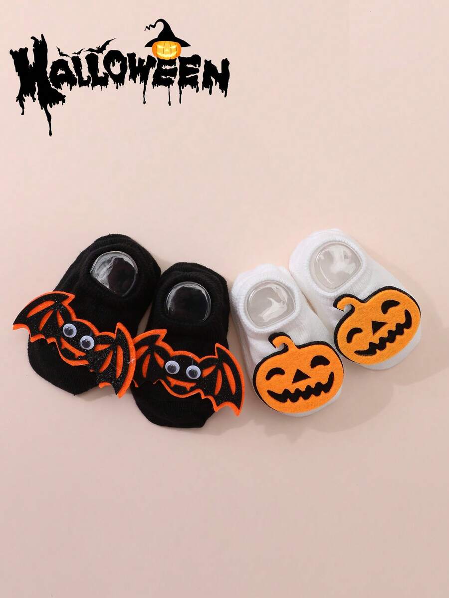 2 双婴儿棉质踝袜，万圣节骷髅设计黑白中筒袜，适合万圣节活动 - 彩色 - 查看 1