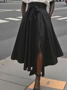 女士纯色简约日常开衩裙 - 黑色 - 查看 1