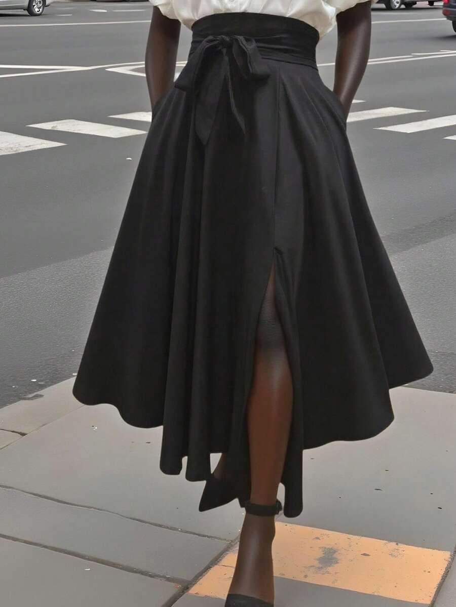 女士纯色简约日常开衩裙 - 黑色 - 查看 1