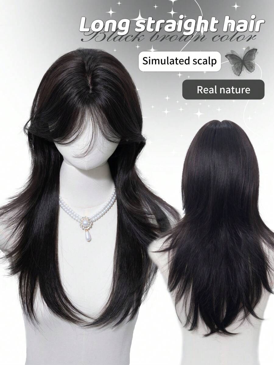 1 Synthetic Heat-Resistant Wig, Black Long Straight Wig With Bangs, Made Of 24 Feet Long Fiber, Suitable For Daily Use, Natural Artificial Wig - Black - View 1