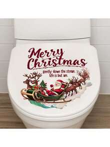 1张厕所贴纸，圣诞老人麋鹿图案，英文风格，PVC材质，可移除自粘，易撕，适用于厕所装饰、浴室厕所、卫生间，美化装饰贴纸，家居装饰，让您的生活焕然一新，节日装饰贴纸，生日毕业礼物，房间装饰，卧室装饰，厨房装饰，墙贴，墙面装饰，圣诞装饰，家居装饰 - 彩色 - 查看 3