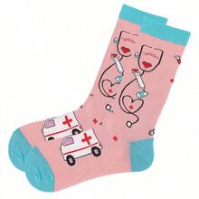 1 Pair Unisex Doctor/Nurse Stethoscope Patterned Mid-Calf Socks, All Seasons, Large Size, Soft, Comfortable, Moisture Wicking, Breathable, Odor Resistant, Warm Calf, Fall - Pink - View 3