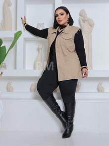 Women's Clothing Max Women's Long Plus Size Denim Vest With Frayed Hem Without Lycra - 米色 - 查看 4