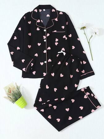 2 件套女士心形印花睡衣套装，长袖纽扣领上衣和长裤，休闲睡衣家居服，适合秋冬，秋季服装