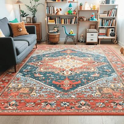  6x9 Vintage Boho Area Rug - Homore Washable Bohemian Carpet For Living Room & Bedroom ,Non-Slip Decorative Rug For Kids Room & Nursery