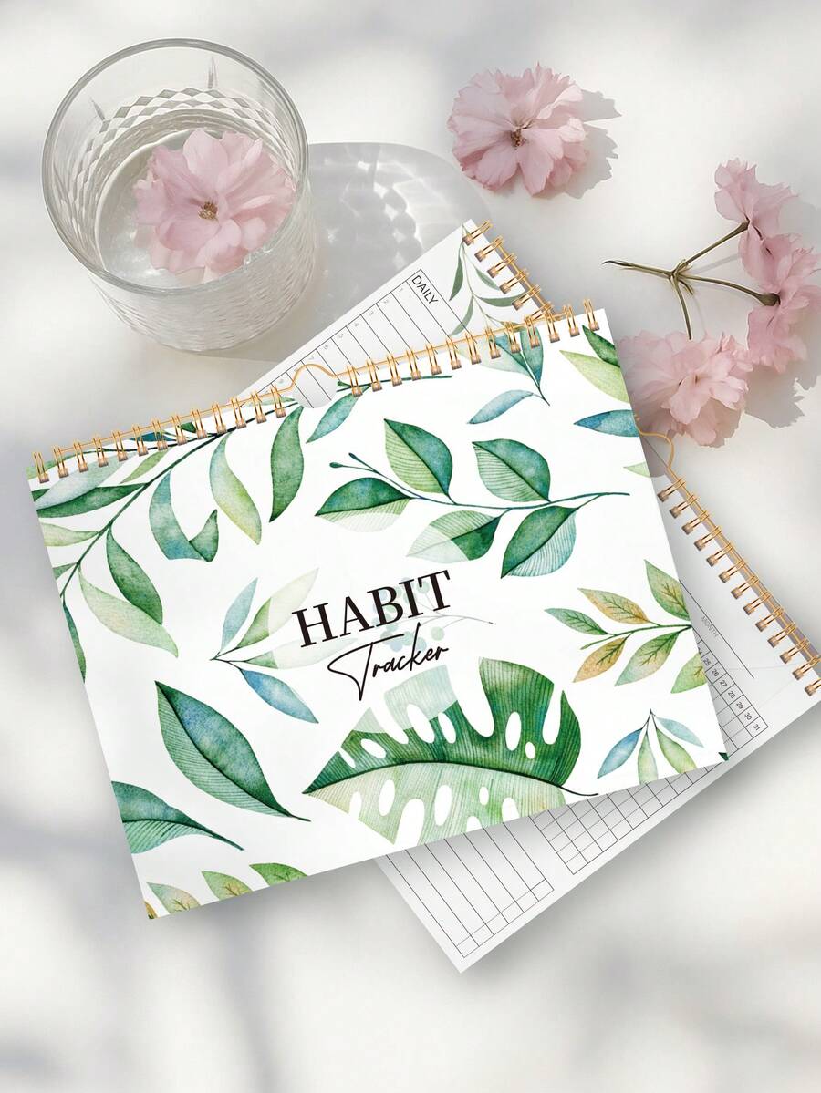 12 piezas Calendario de seguimiento de hábitos sin fecha, encuadernado en espiral, 10*8 pulgadas, 12 páginas con diferentes patrones de plantas, seguimiento de hábitos diarios/semanales/mensuales, mejora de la eficiencia - Multicolor - Ver 1
