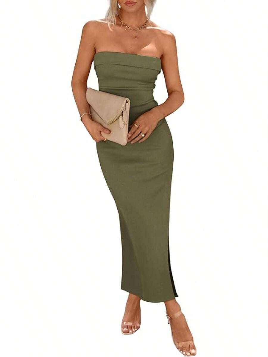 Women's Summer Bodycon Maxi Tube Dress Ribbed Strapless Side Slit Long Going Out Casual Elegant Party DressesHalloween Christmas New Year - 淺軍綠色 - 查看 1
