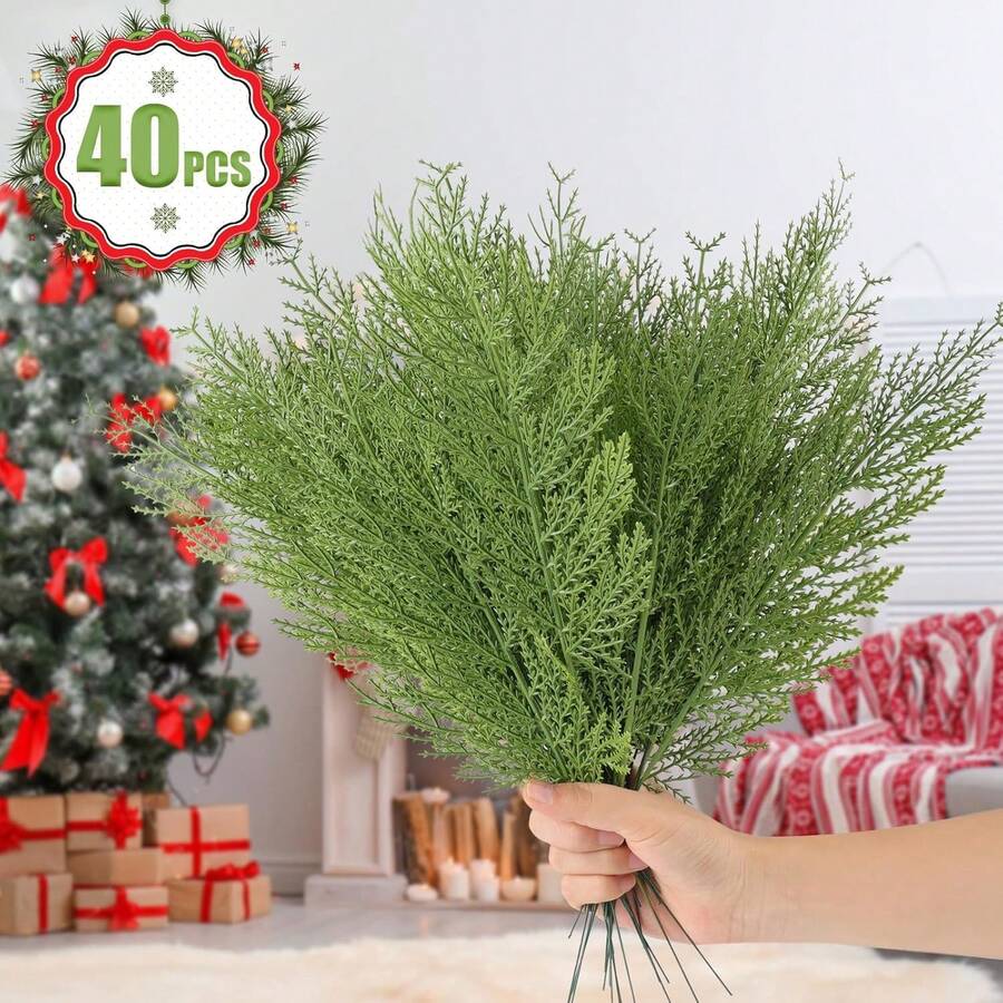 40pcs Artificial Pine Branches, Christmas Faux Cedar Stems, Faux Cedar Branches, Fake Christmas Greenery Pine Picks For Wreath Craft DIY Home Kitchen Decorations