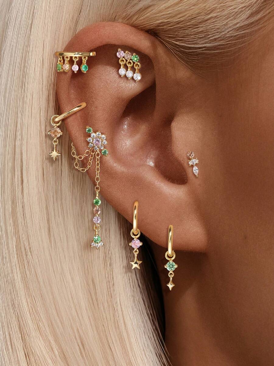SereneSpark 1 pieza Pendientes de cartílago chapados en oro de 18K con plata de ley 925 y CZ multicolor, joyería hipoalergénica antioxidante para todas las partes de la oreja, adecuada para uso diario casual, oficina, boda, fiesta, citas y viajes de vacaciones, regalo ideal de cumpleaños y despedida de soltera para ella - Dorado - Ver 1
