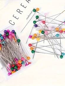 100 piezas/Caja Alfileres decorativos de plástico con perlas falsas de colores para hacer ropa, San Valentín, boda de San Valentín, manualidades de cumpleaños, suministros de costura, accesorios de costura, manualidades DIY, diseño de moda y acolchado - Colores surtidos, accesorios de costura, alfileres de acolchado, suministros de manualidades, agujas multiusos, caja de almacenamiento duradera - Multicolor - Ver 4