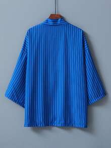 Japanese Style Loose Fit Versatile Striped Kimono Cover Up, Summer Robe, Sleepwear, Beach Cover-Up, Sun Protection - Navy Blue - View 2