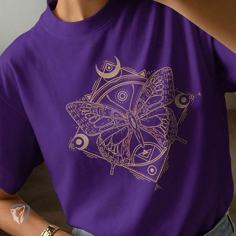 Golden Butterfly Printed T-Shirt | Mystical And Geometric Art - Purple - View 1