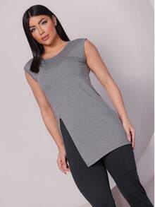 Blusa Feminina Regata Machão Long Line com Abertura P ao GG Academia Fitness - Chumbo - Visão 3