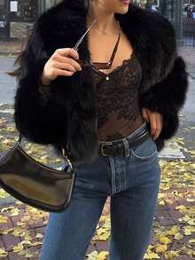Camellia New Autumn/Winter Faux Fox Fur Collar Fashionable Short Jacket, Youthful Artificial Fur Coat - Black - View 5