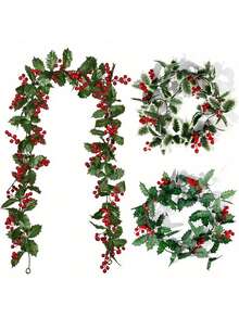 Guirnalda de bayas rojas sin necesidad de electricidad - Hojas de acebo artificial clásicas con bayas, decoración de mesa y pared, decoración navideña festiva sin plumas