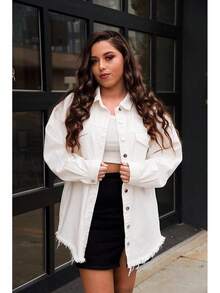 Vetinee Women's Oversized Button Up Frayed Hem Shacket Long Sleeve Pockets Denim Jean Jacket - Brilliant White - 查看 4
