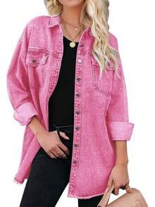 Vetinee Women's Oversized Button Up Frayed Hem Shacket Long Sleeve Pockets Denim Jean Jacket - Magenta Pink - 查看 8