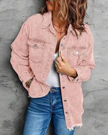 Vetinee Women's Oversized Button Up Frayed Hem Shacket Long Sleeve Pockets Denim Jean Jacket - 藕粉色 - 查看 6