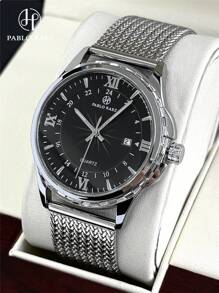 Pablo Raez ساعة رجالية أعمال ساعة معصم للرجال، هيكل من الفولاذ المقاوم للصدأ SUS304 بغلاف فضي، إطار فاخر أسود، جلد ناعم ومريح من الميكروفيبر، قطر كبير مع تاريخ، مقاوم للماء 50 متر، ساعة كوارتز رياضية كاجوال جديدة كهدية رائعة للأصدقاء أو عائلة الأب، مناسبة للحياة اليومية والعمل والحفلات