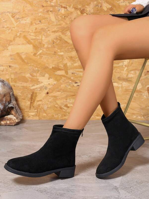 Women's Black Boots With Back Zipper, Simple Smooth Thick Sole Ankle Boots, Fashion Daily Wear