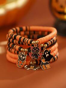 6pcs/Set Gothic Halloween Polymer Clay Beaded Bracelet, Ghost, Bat, Pumpkin Pendant, Vintage Fashion, Dark Night Party Jewelry Gift For Women & Couples