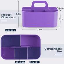 Multiuse Caddy Organizer With Handle, Stackable Plastic Tote Bin - Art Craft Supplies, Office, Desk, Stationery Pen Holder, Kitchen, Utensil, Makeup, Bathroom, Shower, Cleaning, Dorm Organizer, Purple