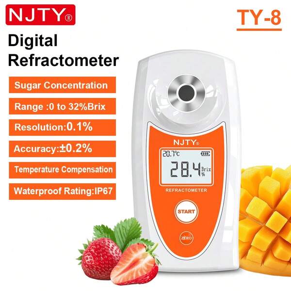 NJTY 1 قطعة مقياس انكسار رقمي، دقة ±0.1% مع تعويض درجة الحرارة الكامل من 0-40 درجة مئوية، قياس سريع، معايرة تلقائية، مقاوم للتلوث وسهل التنظيف، مناسب للمختبر والبساتين والزراعة