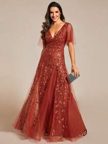Women's V-Neck Sheer Ruffle Sleeve Floral Sequin Mesh Evening Dress - Burnt Orange - View 5