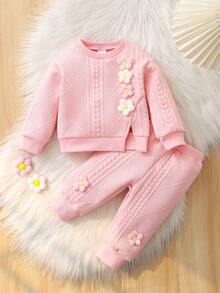 2pcs/Set Baby Girls Casual Versatile Solid Color Cute Floral Decor Round Neck Long Sleeve Sweatshirt Top And Elasticated Waist Sports Pants Set - Pink - View 1