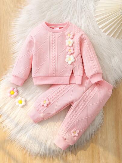 2pcs/Set Baby Girls Casual Versatile Solid Color Cute Floral Decor Round Neck Long Sleeve Sweatshirt Top And Elasticated Waist Sports Pants Set