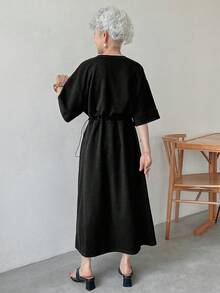 FRIFUL 女式翻盖口袋抽绳腰长款工装连衣裙太阳裙