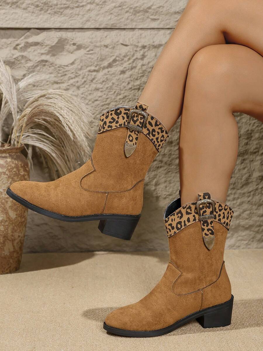 Stivaletti alla caviglia da donna con tacco chunky e punta affusolata, stampa leopardata in stile western, moda vacanziera, stile punk d'avanguardia retrò casual con occhielli metallici e fiocco decorativo, adatti per vacanze e tutte le stagioni