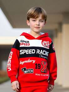 2pcs/Set Teenage Boys' Letter Print Hooded Sweatshirt And Pants, Street Fashion Knit Long Sleeve Top And Trousers, Suitable For Spring, Autumn And Winter - 紅色 - 查看 5