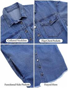 Vetinee Women's Oversized Button Up Frayed Hem Shacket Long Sleeve Pockets Denim Jean Jacket - 宵藍 - 查看 6