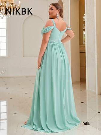 Women's Plus Size Fall Clothing – Elegant Off-Shoulder Draped Chiffon Formal Gown With Side Split And Long Sleeves, Suitable For Prom, Evening Events, Weddings, Graduation, Dinner Parties, Homecoming, And Stage Performances