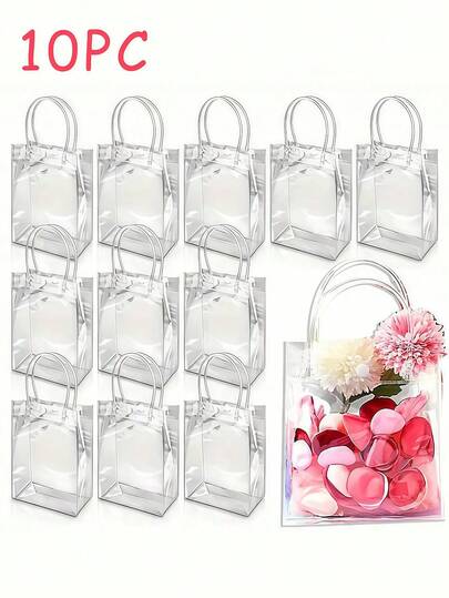 1/10/25pcs Transparent Plastic Gift Bags With Handles, Holiday Party Tote Bags For Halloween, Christmas, Gifts, Reusable Clear Handbag For Retail Shops, Weddings, Birthdays, Parties, Jewelry, Perfume, Baked Goods, Presents, Bridesmaids Gifts, Etc.