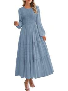 Vestidos Elegantes De Mujer Womens Long Sleeve Fall Dresses Casual Crew Neck Smocked High Waist Tiered Flowy Maxi Dress With Pockets - 白色 - 查看 8