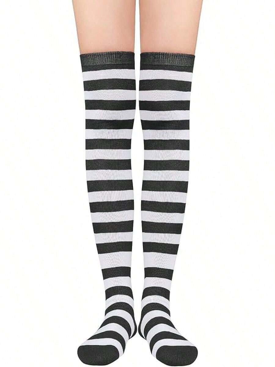 Womens Thigh High Socks Striped High Knee Socks Knee High Socks For Cosplay Long Socks Over The Knee Leg Warmers - Sọc đen trắng - Xem 1