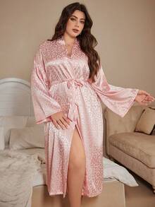 Pink Plus Size Women Long Robe Leopard Print Jacquard Bathrobe Kimono Homewear Nightwear - Pink - View 8