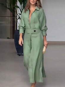 Scacto Autumnal Style Women's Pure Color Waist-Cinching Long-Sleeved Irregular Shirt Dress - màu xanh lá - Xem 1