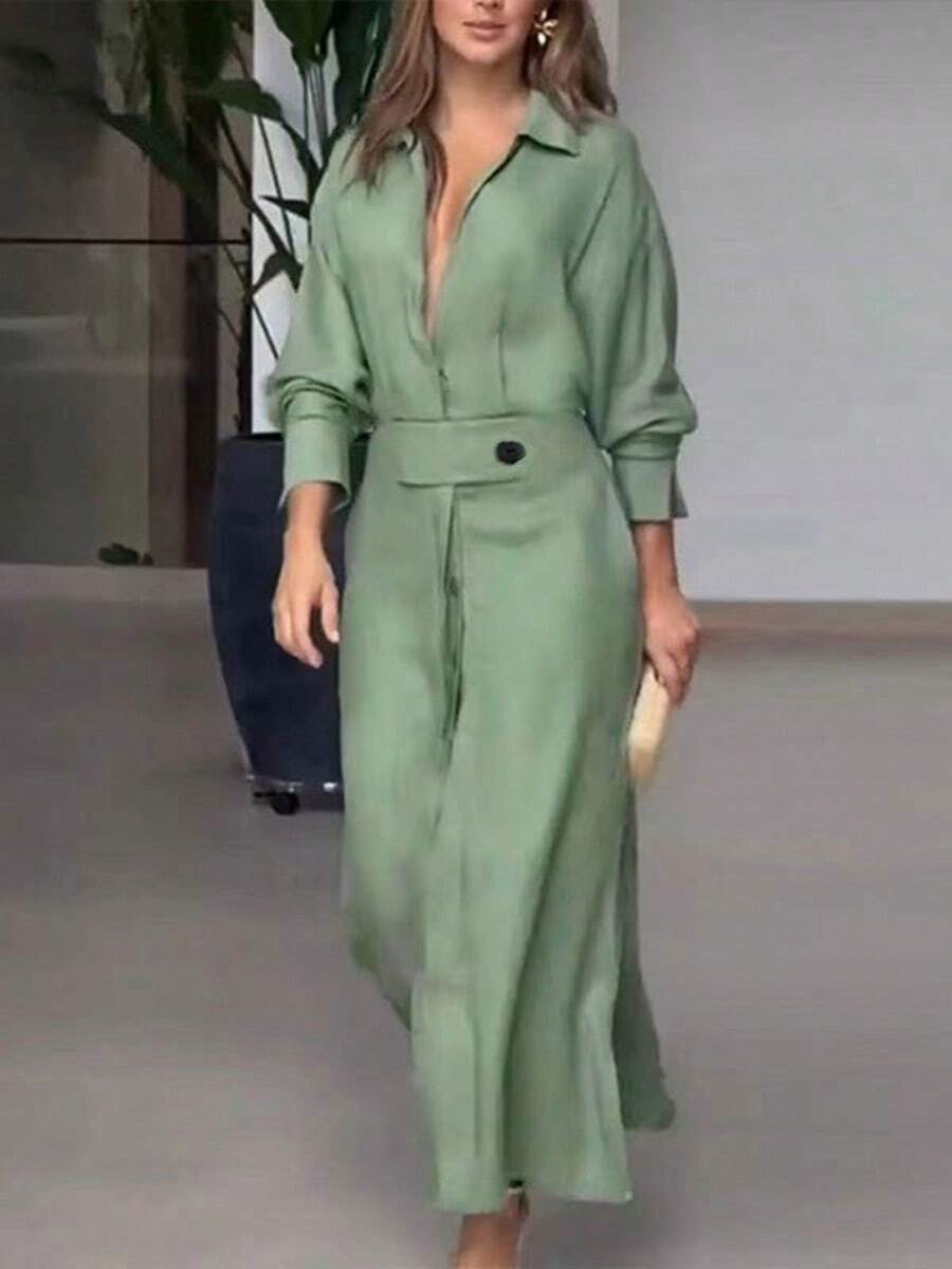 Scacto Autumnal Style Women's Pure Color Waist-Cinching Long-Sleeved Irregular Shirt Dress - màu xanh lá - Xem 1