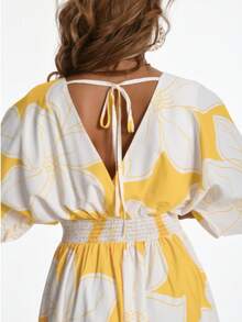 大码优雅休闲交叉露背抽绳腰部花卉印花长裙，适合晚间约会、花园 - 黃色 - 查看 2