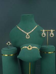Conjunto de 5 joias femininas banhadas a ouro - colar com design de folhas, brincos, pulseira, anel, adequado para casamento na Nigéria, Arábia Saudita e Dubai, adequado para uso diário, casamento e festas - Terno de noiva folha - Ver 15