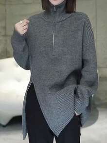 女士长袖针织毛衣上衣，新款秋冬半拉链领拉链下摆开叉休闲套头衫 - 灰色 - 查看 4
